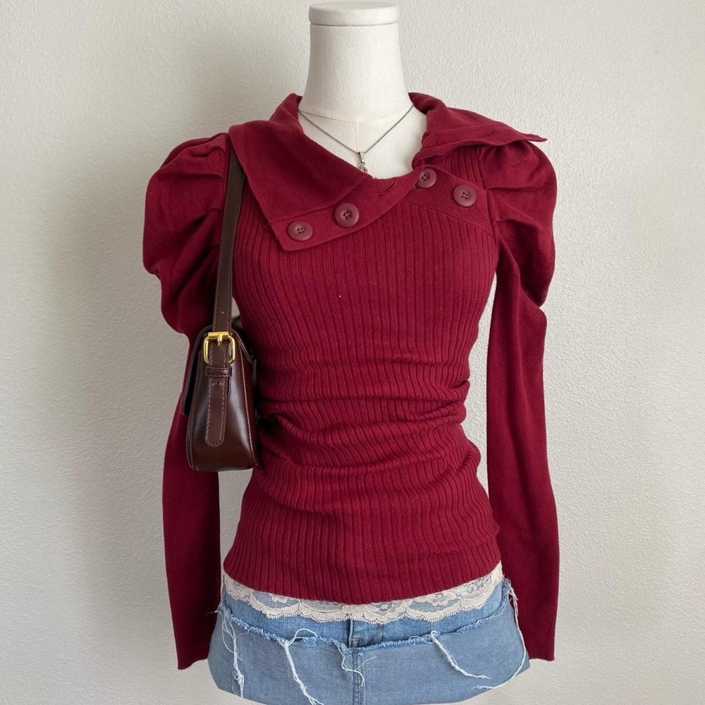 Jessica Simpson Red Ribbed Long Sleeve Puff Shoulder Sweater Top Button